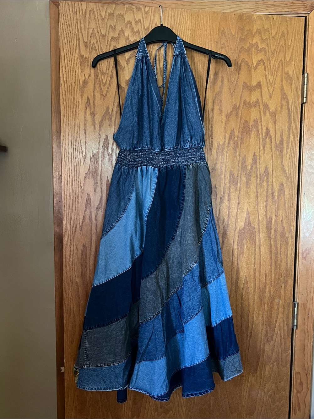 Denim Patchwork Halter Midi Dress - Blue